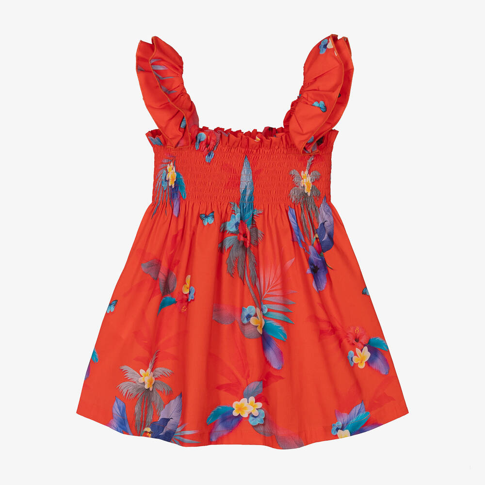 Lapin House-Girls Red Cotton Tropical Flowers Dress | Childrensalon Outlet