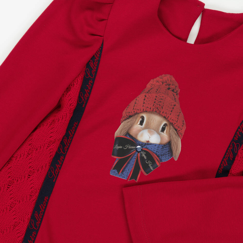 Lapin House-Girls Red Jersey Bunny Print Dress with Knitted Panels | Childrensalon Outlet