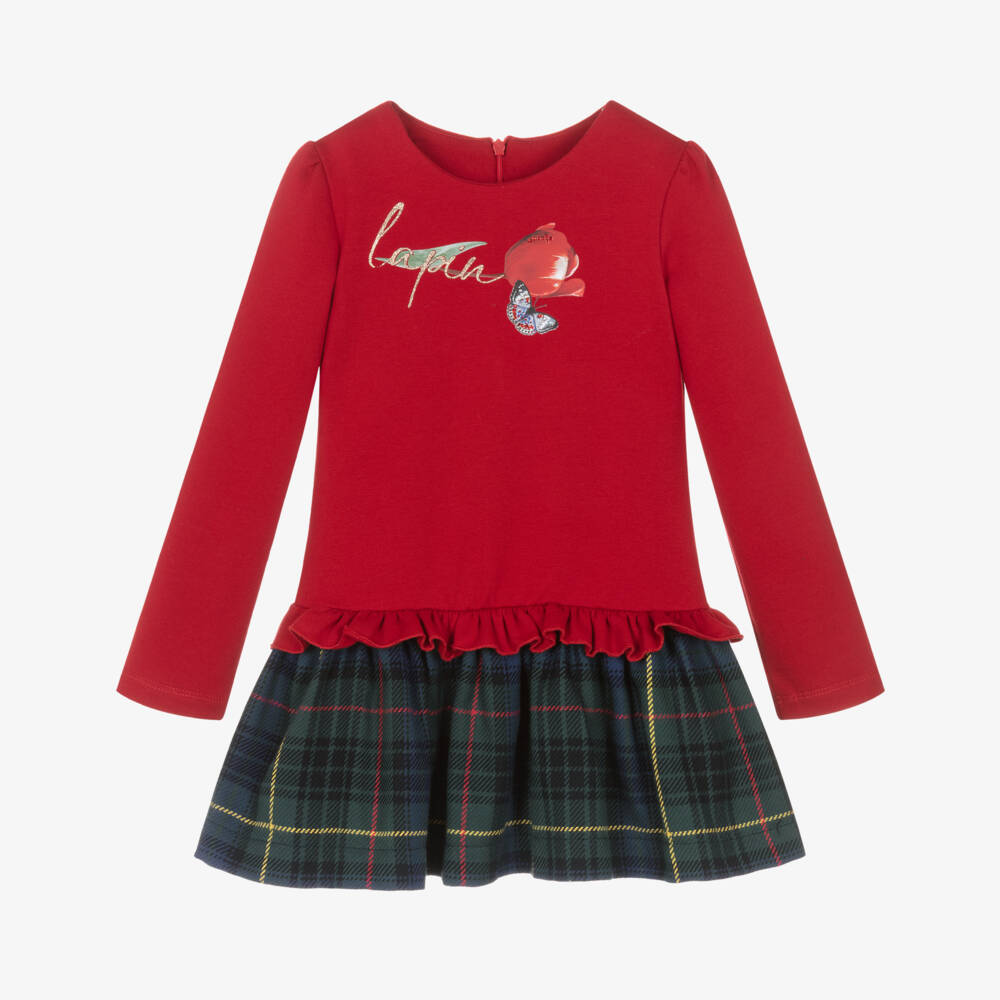 Lapin House-Girls Red Jersey & Green Tartan Dress | Childrensalon Outlet