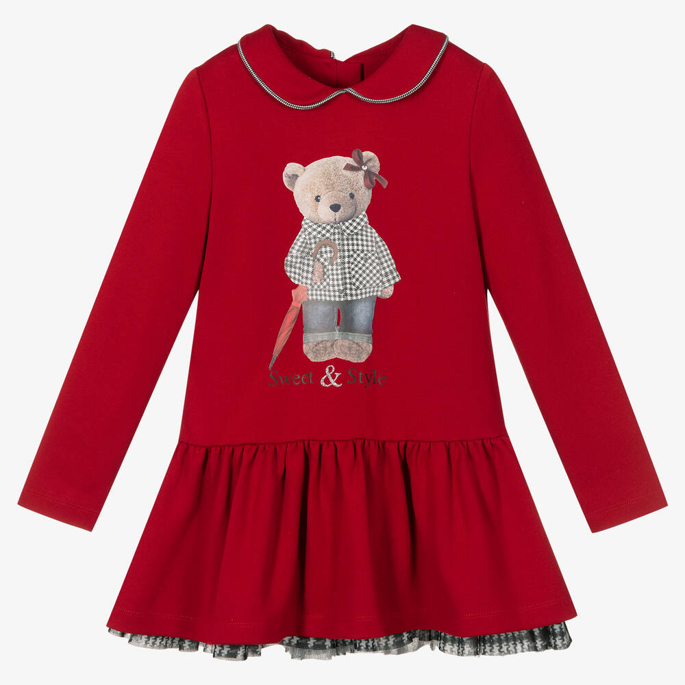 Lapin House - Girls Red Jersey Teddy Dress | Childrensalon