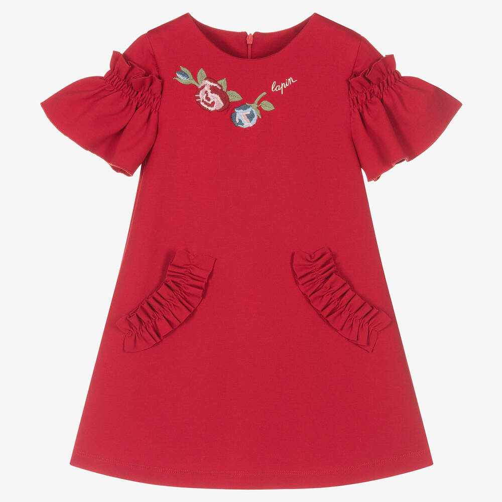 Lapin House-فستان ميلانو جيرسي مزين بكشكش لون أحمر | Childrensalon Outlet