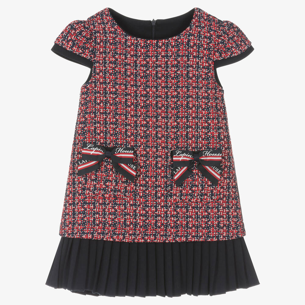 Lapin House - Girls Red & Navy Blue Cotton Bow Dress | Childrensalon