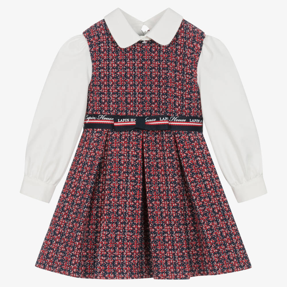 Lapin House - Girls Red & Navy Blue Tweed Dress | Childrensalon