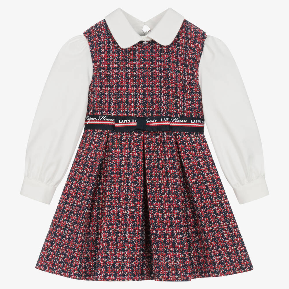 Lapin House - Robe rouge et bleu marine en tweed | Childrensalon