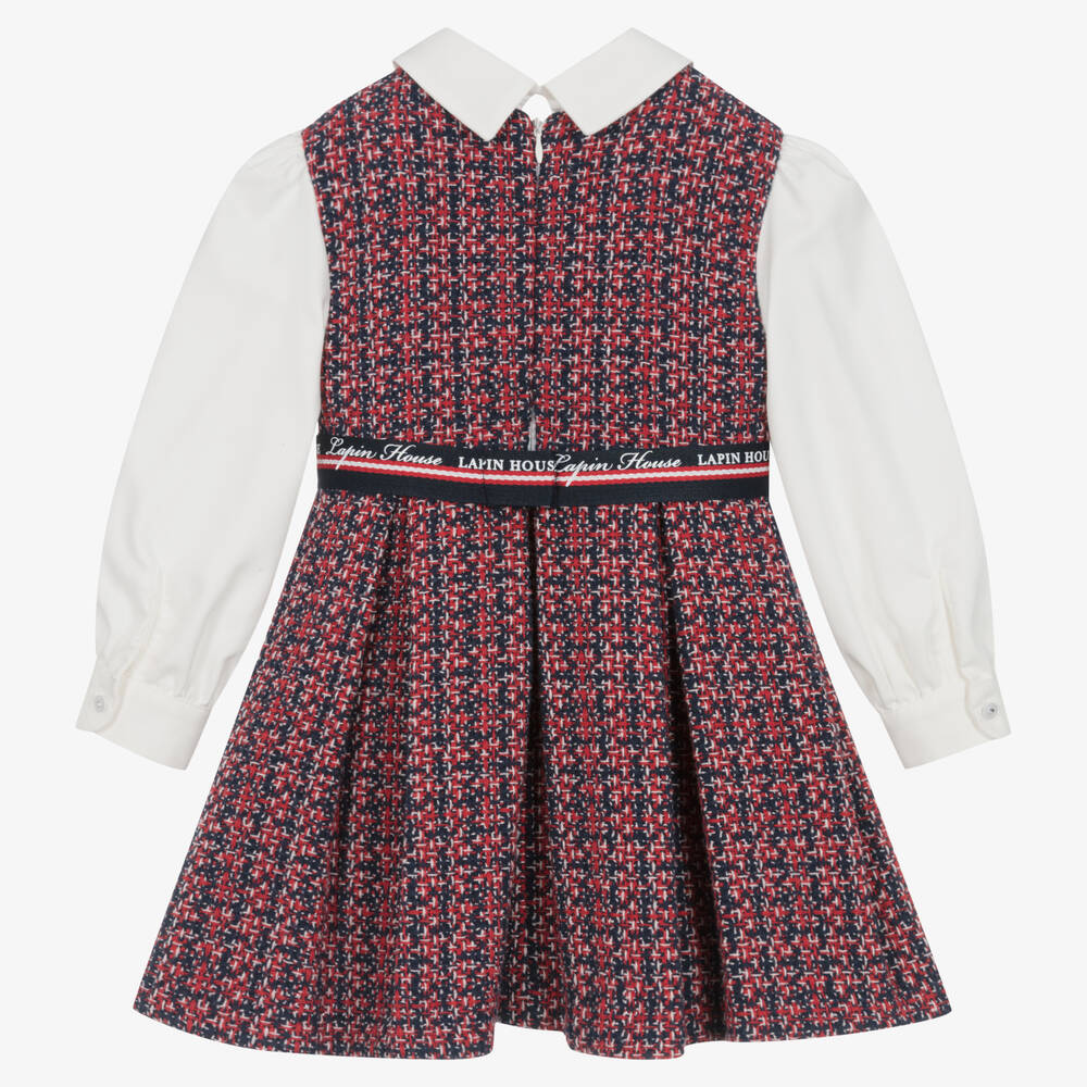 Lapin House-فستان قطن تويد لون كحلي وأحمر | Childrensalon Outlet