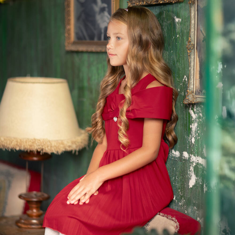 Lapin House-Girls Red Pleated Jersey Dress with Satin Bow | Childrensalon Outlet