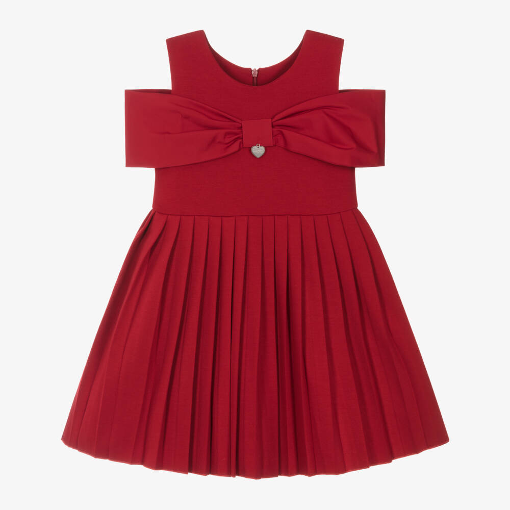 Lapin House-Girls Red Pleated Jersey Dress with Satin Bow | Childrensalon Outlet