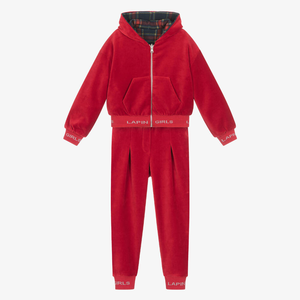 Lapin House - Girls Red Reversible Velour Tracksuit | Childrensalon