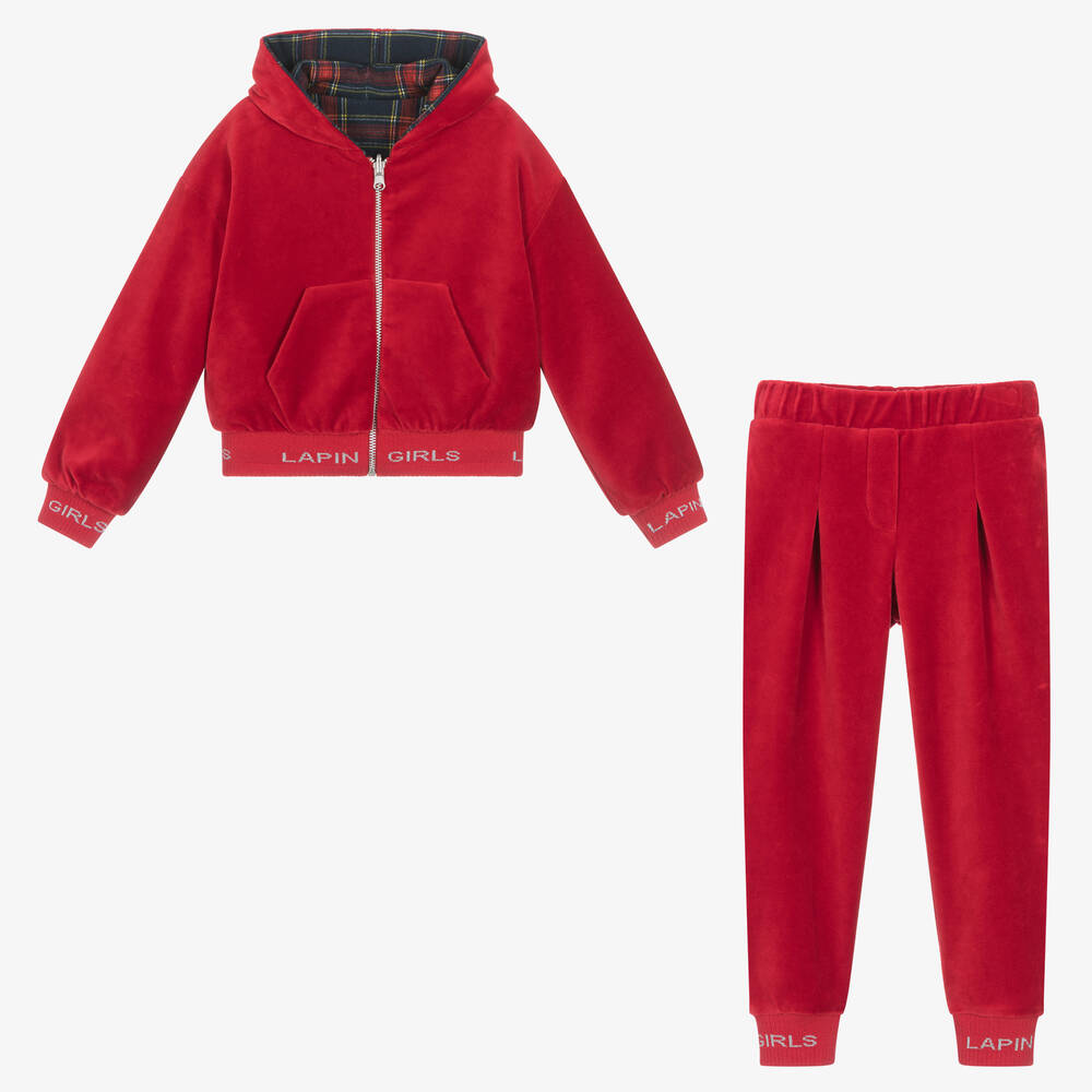Lapin House-بدلة رياضية بوجهين قطن قطيفة لون أحمر للبنات | Childrensalon Outlet