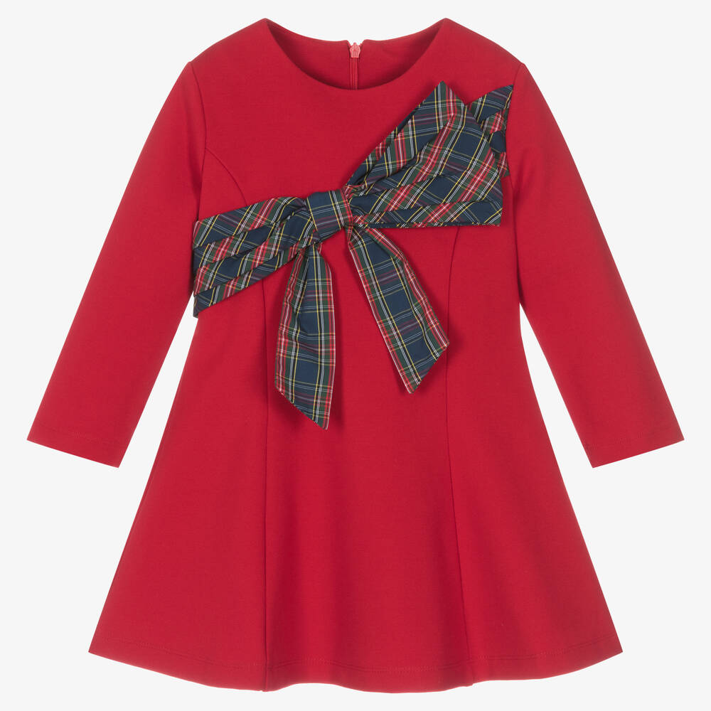 Lapin House - Girls Red Tartan Bow Milano Jersey Dress | Childrensalon