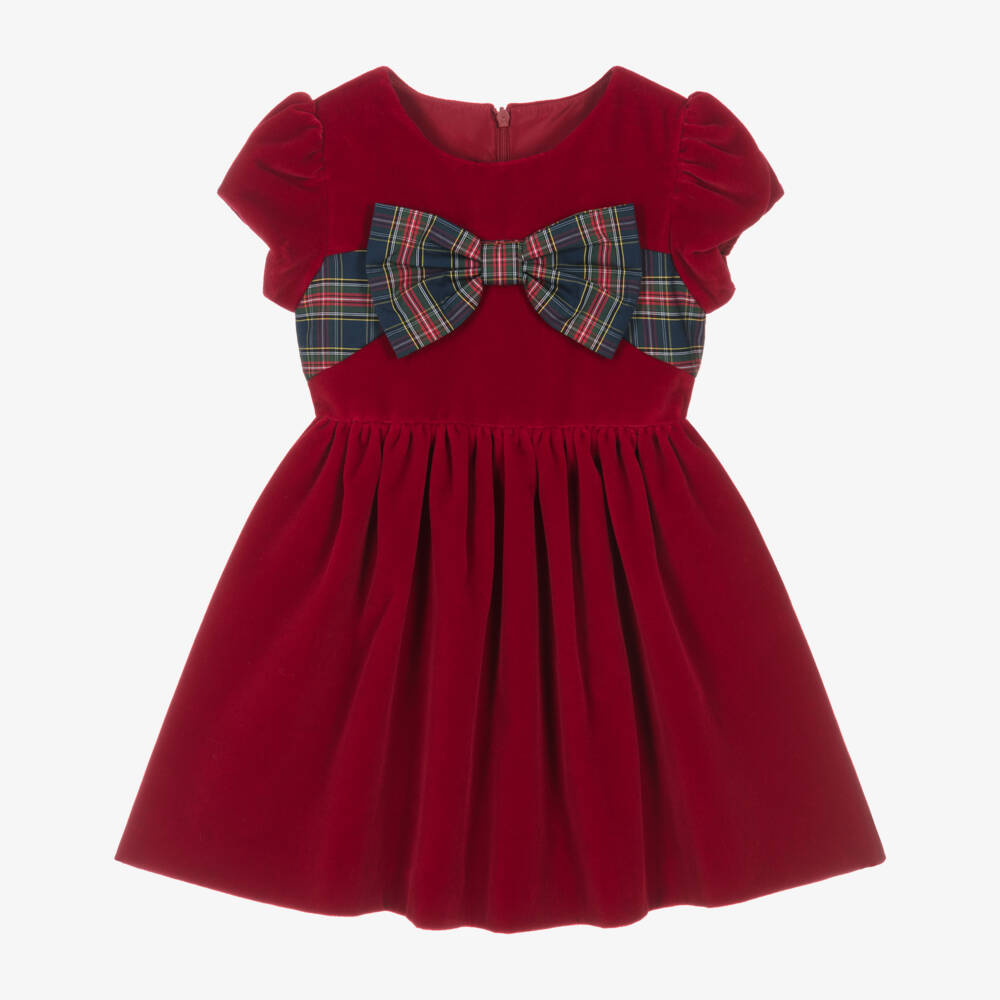 Lapin House-Girls Red Velvet Dress with Tartan Bow | Childrensalon Outlet