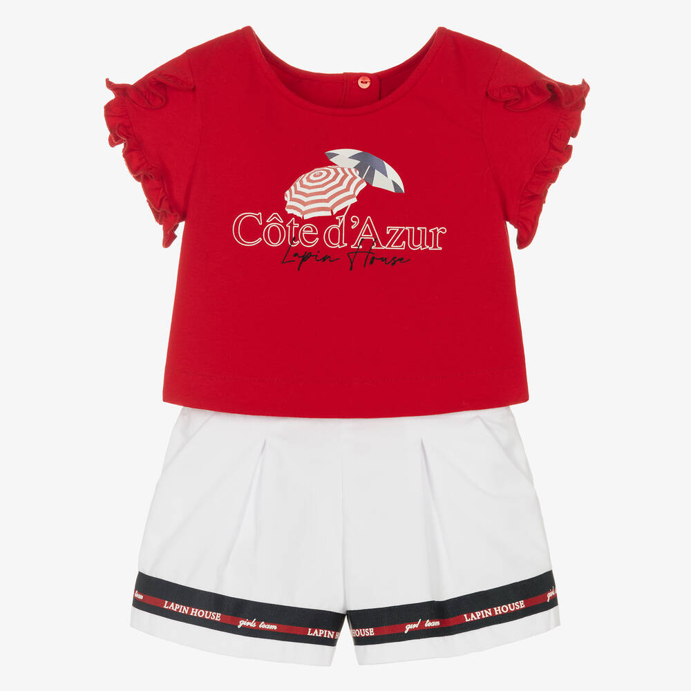 Lapin House - Girls Red & White Cotton Shorts Set | Childrensalon