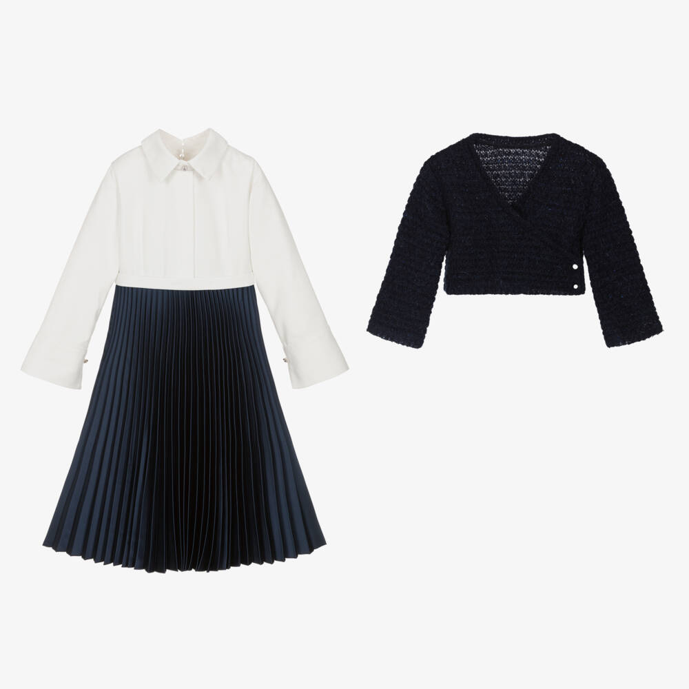 Lapin House-طقم فستان بكسرات ساتان لون أزرق | Childrensalon Outlet