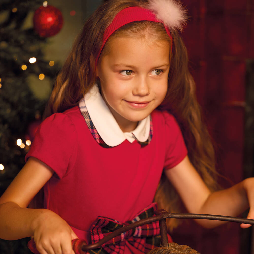 Lapin House-فستان بفيونكة تارتان ميلانو جيرسي لون أحمر | Childrensalon Outlet