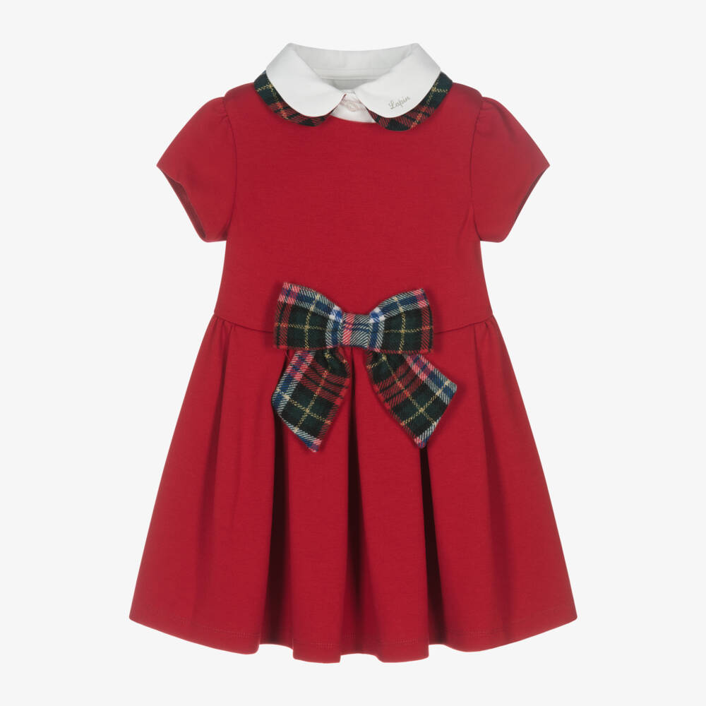 Lapin House-Girls Scarlet Jersey Plaid Bow Dress | Childrensalon Outlet