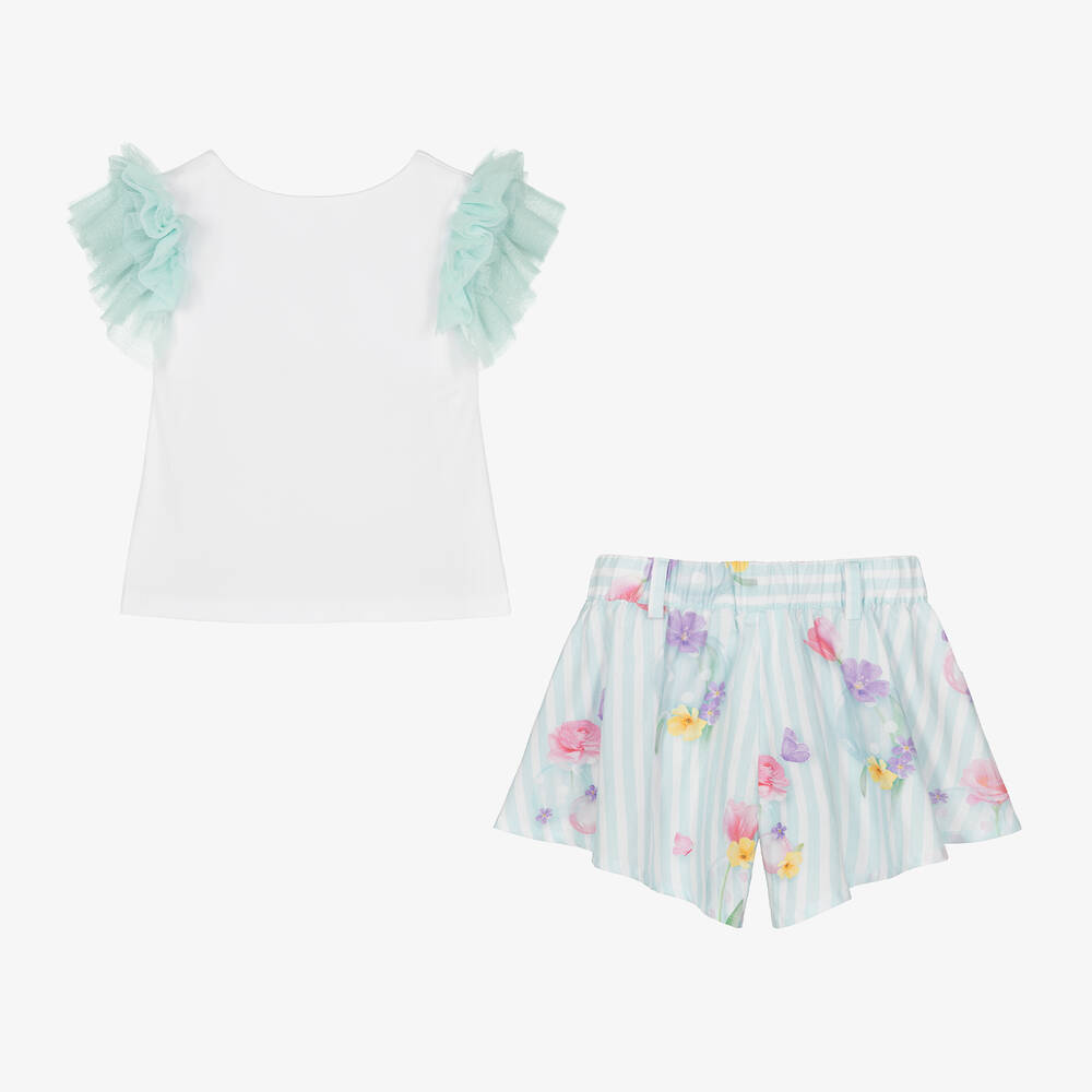 لابين هاوس-طقم شورت قطن جيرسي لون أبيض وأزرق أكوا للبنات | Childrensalon Outlet