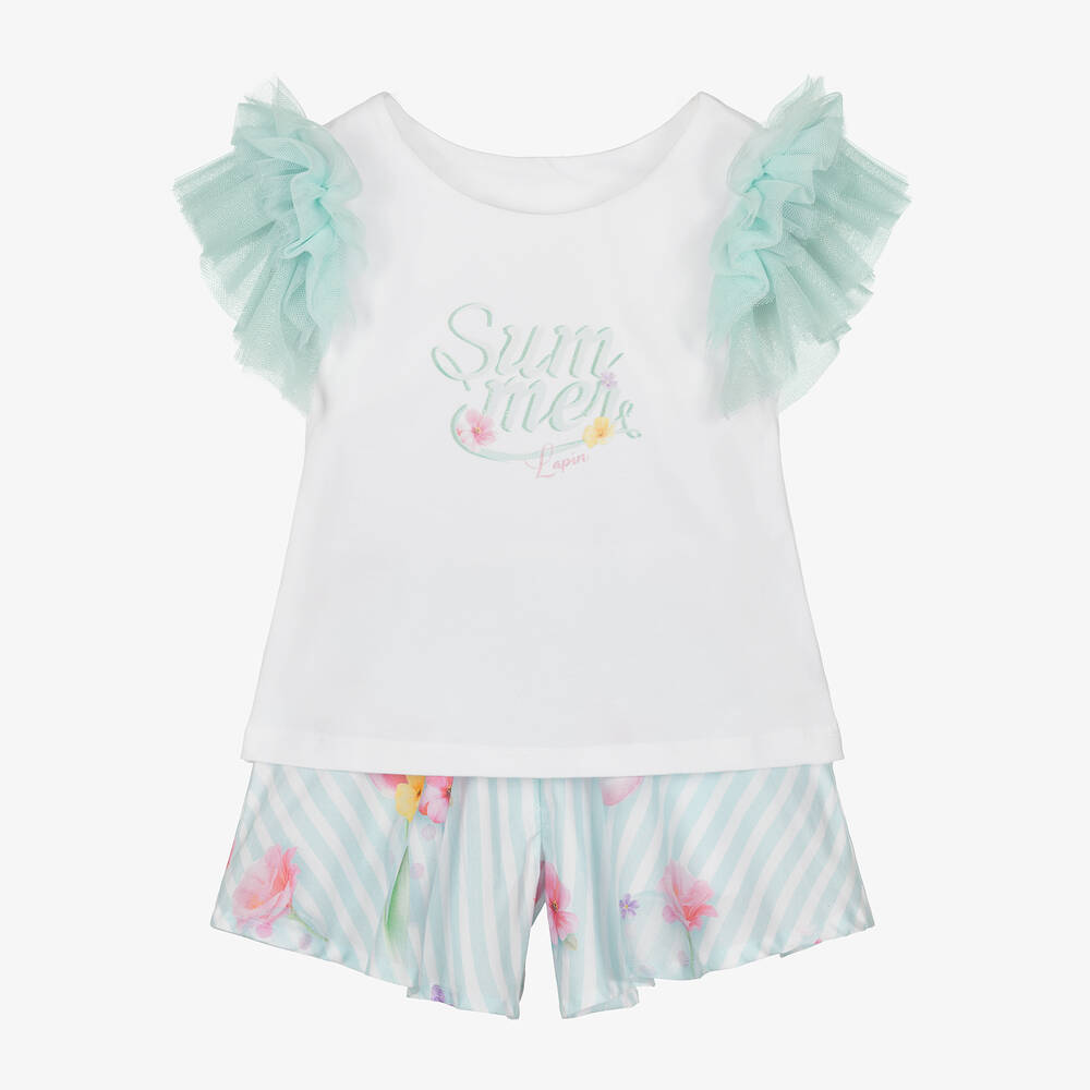 Lapin House-Girls White & Aqua Blue Cotton Shorts Set | Childrensalon Outlet