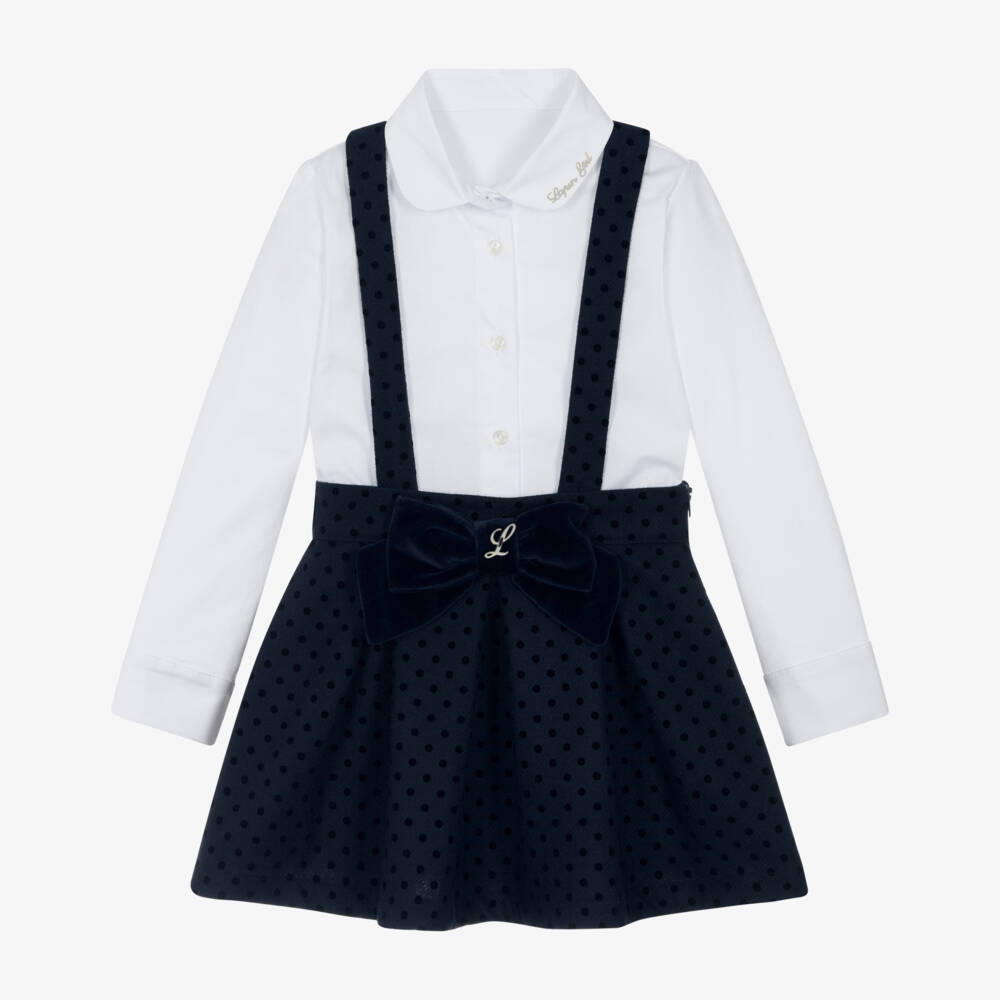 Lapin House-Girls White Blouse & Navy Blue Wool Skirt Set with Polka Dots | Childrensalon Outlet