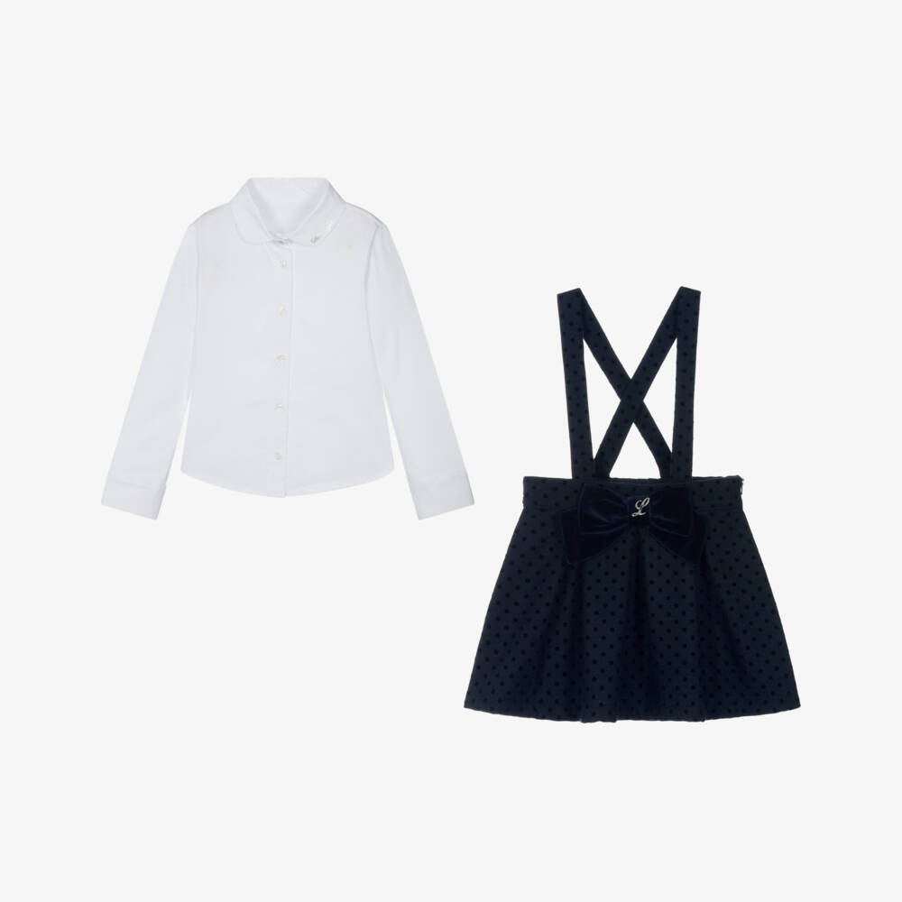 Lapin House-Girls White Blouse & Navy Blue Wool Skirt Set with Polka Dots | Childrensalon Outlet