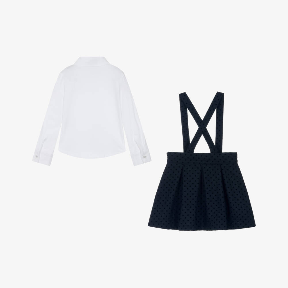 Lapin House-Girls White Blouse & Navy Blue Wool Skirt Set with Polka Dots | Childrensalon Outlet