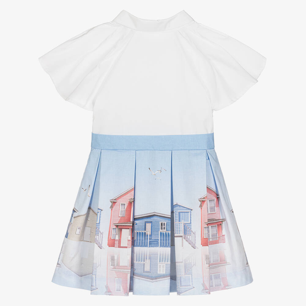 Lapin House-Girls White & Blue Beach Hut Print Dress | Childrensalon Outlet
