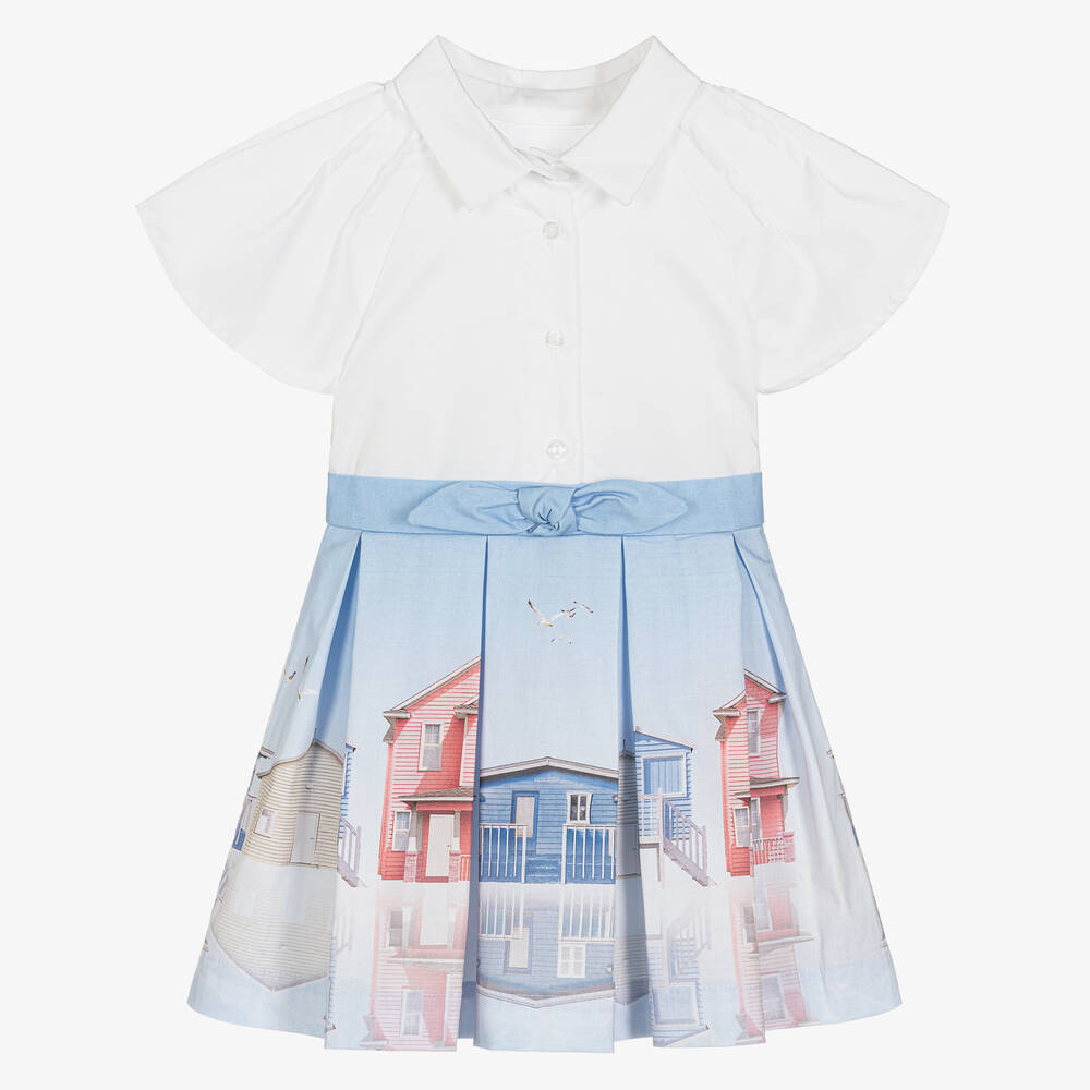 Lapin House - Girls White & Blue Beach Hut Print Dress | Childrensalon