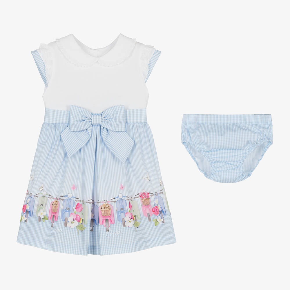 Lapin House-فستان أطفال بناتي قطن بوبلين لون أبيض وأزرق | Childrensalon Outlet