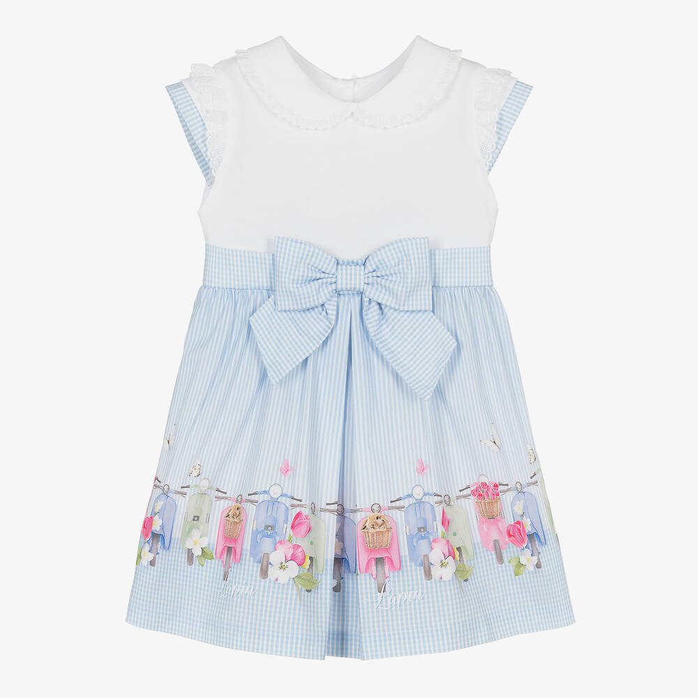 Lapin House-فستان أطفال بناتي قطن بوبلين لون أبيض وأزرق | Childrensalon Outlet