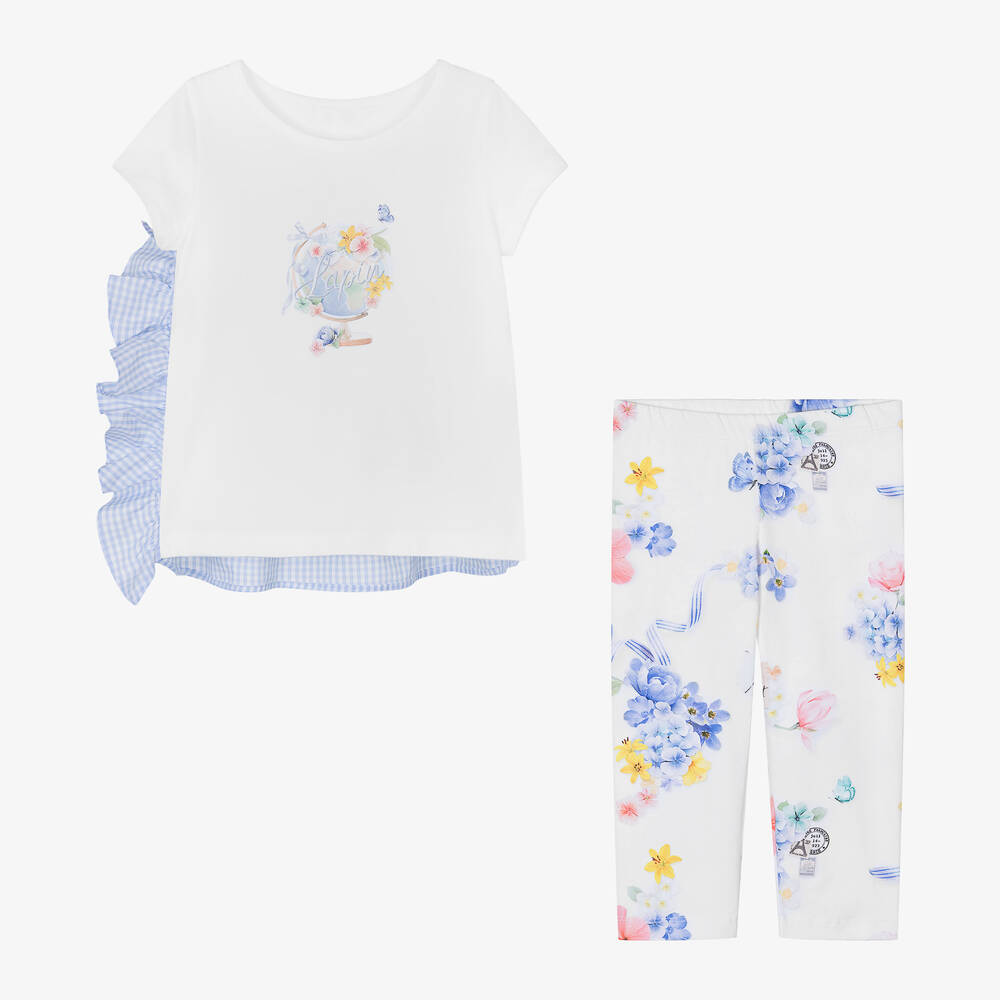 Lapin House-Girls White & Blue Cotton Leggings Set | Childrensalon Outlet