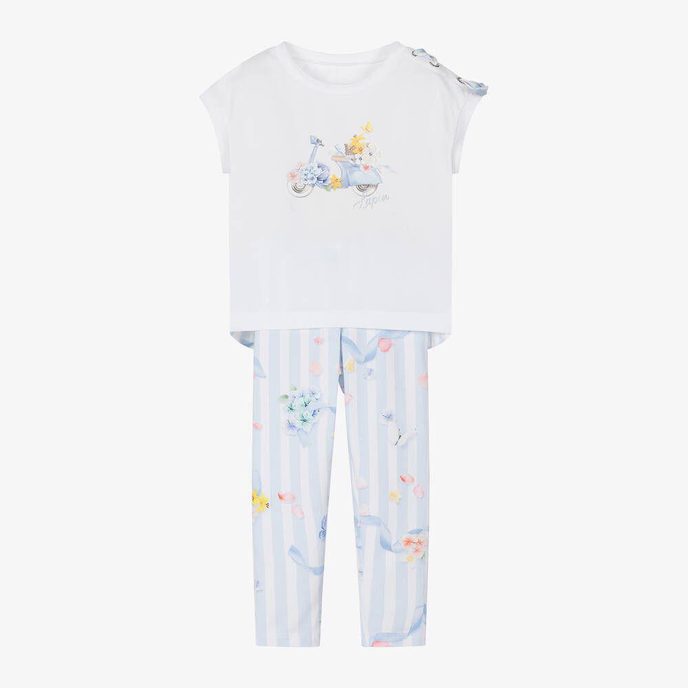 Lapin House-طقم ليغنغز قطن جيرسي لون أبيض وأزرق للبنات | Childrensalon Outlet