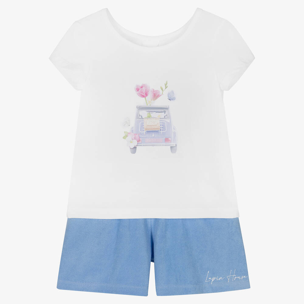 Lapin House - Girls White & Blue Cotton Shorts Set | Childrensalon