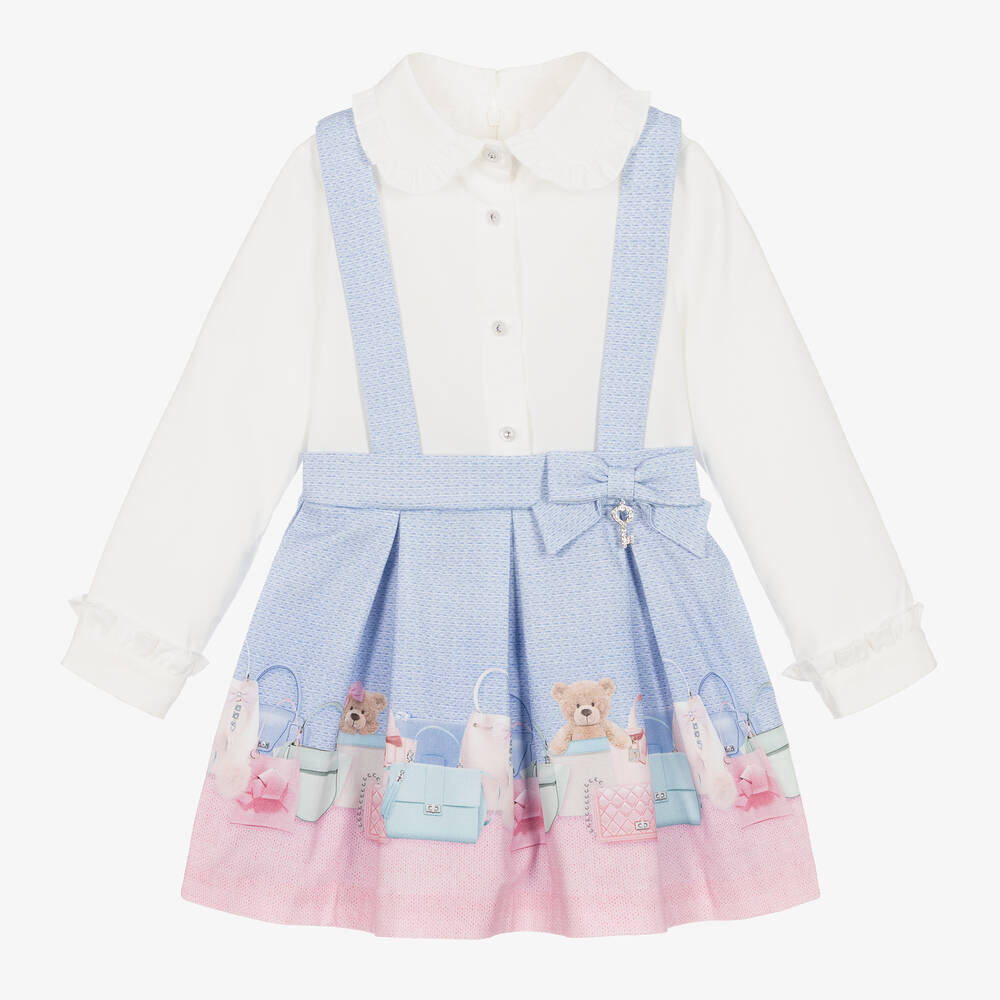 Lapin House - Girls White & Blue Cotton Teddy Dress  | Childrensalon