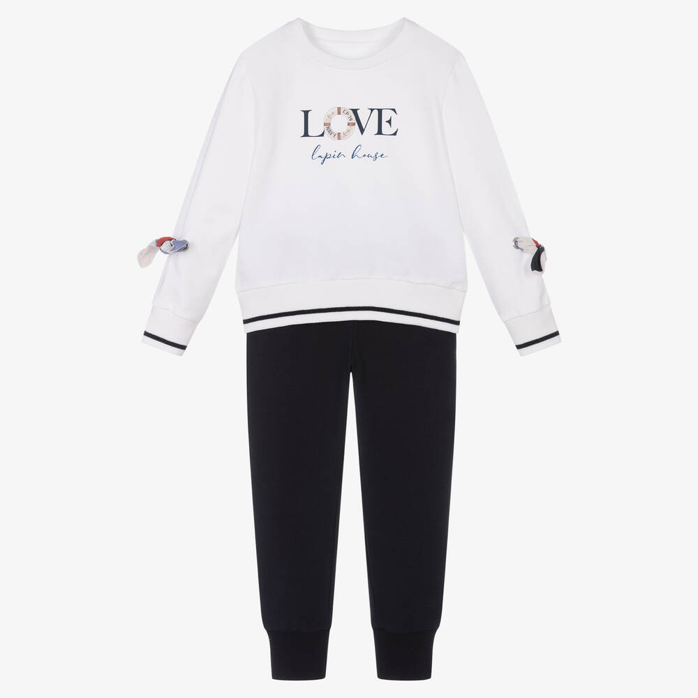 Lapin House - Girls White & Blue Cotton Tracksuit | Childrensalon