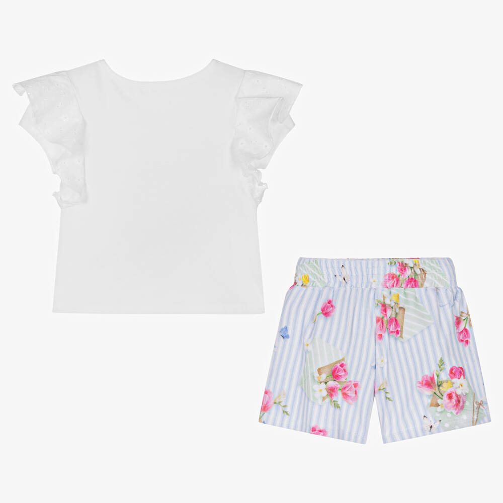 Lapin House-طقم شورت مزيج قطن مقلم لون أبيض وأزرق للبنات | Childrensalon Outlet