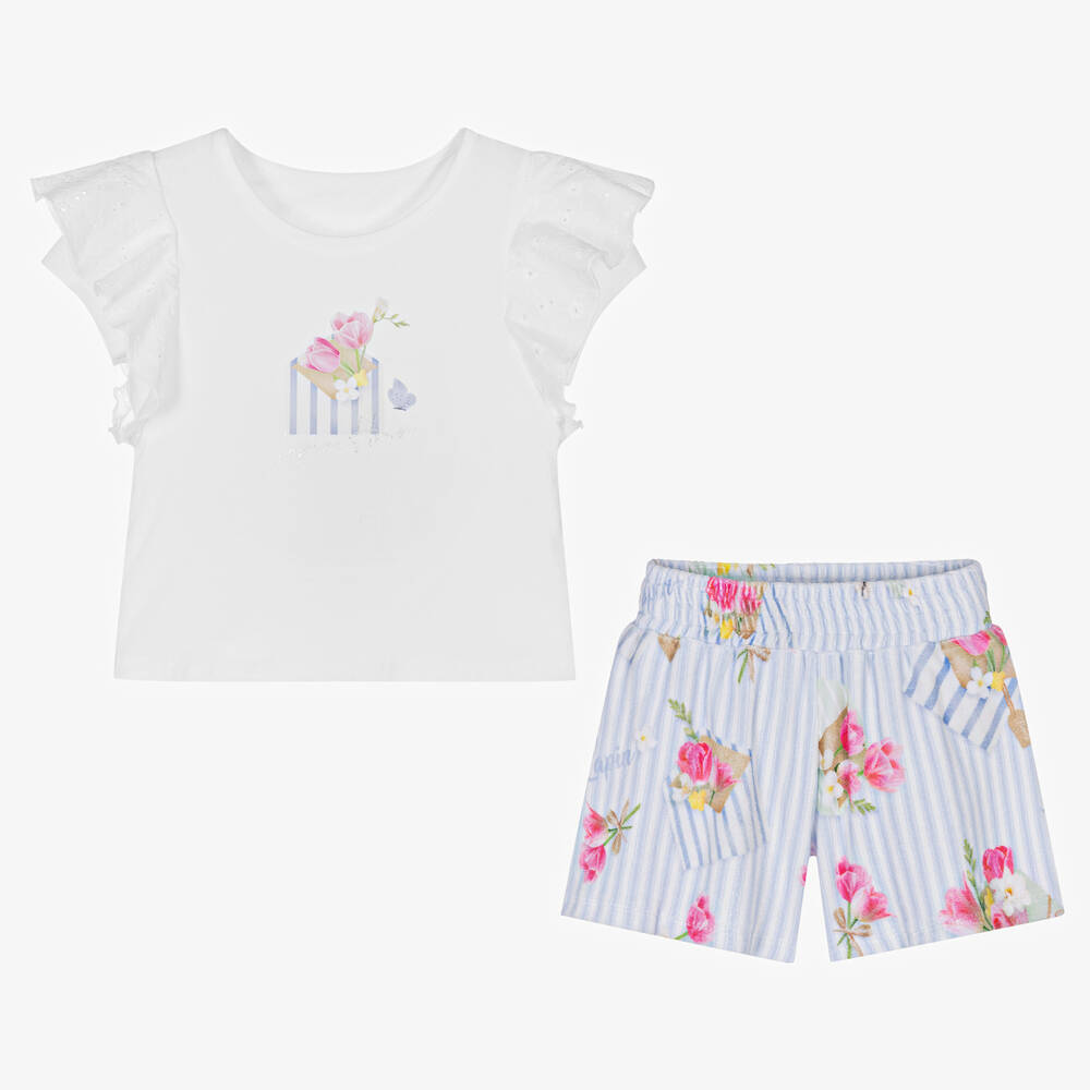 Lapin House-طقم شورت مزيج قطن مقلم لون أبيض وأزرق للبنات | Childrensalon Outlet