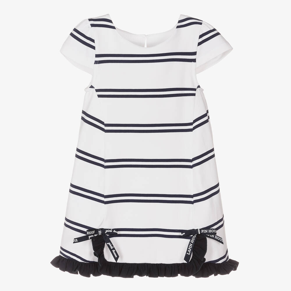Lapin House - Белое хлопковое платье в синюю полоску | Childrensalon