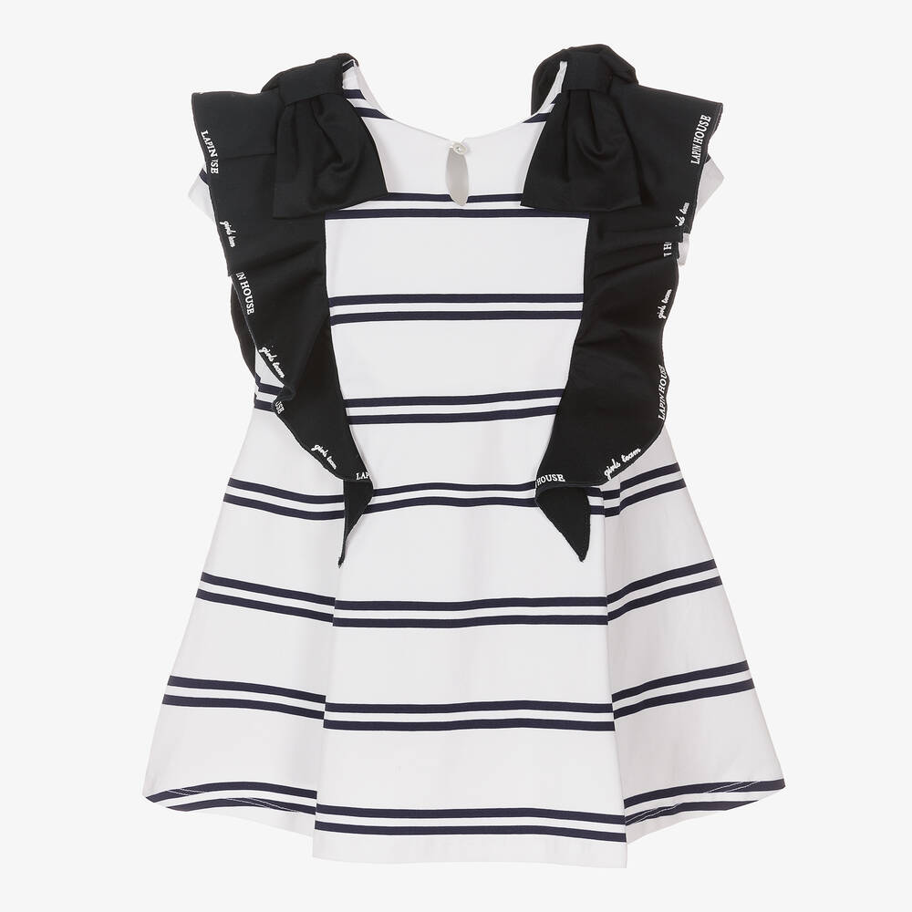 Lapin House-فستان قطن جيرسي مقلم لون أبيض وكحلي | Childrensalon Outlet