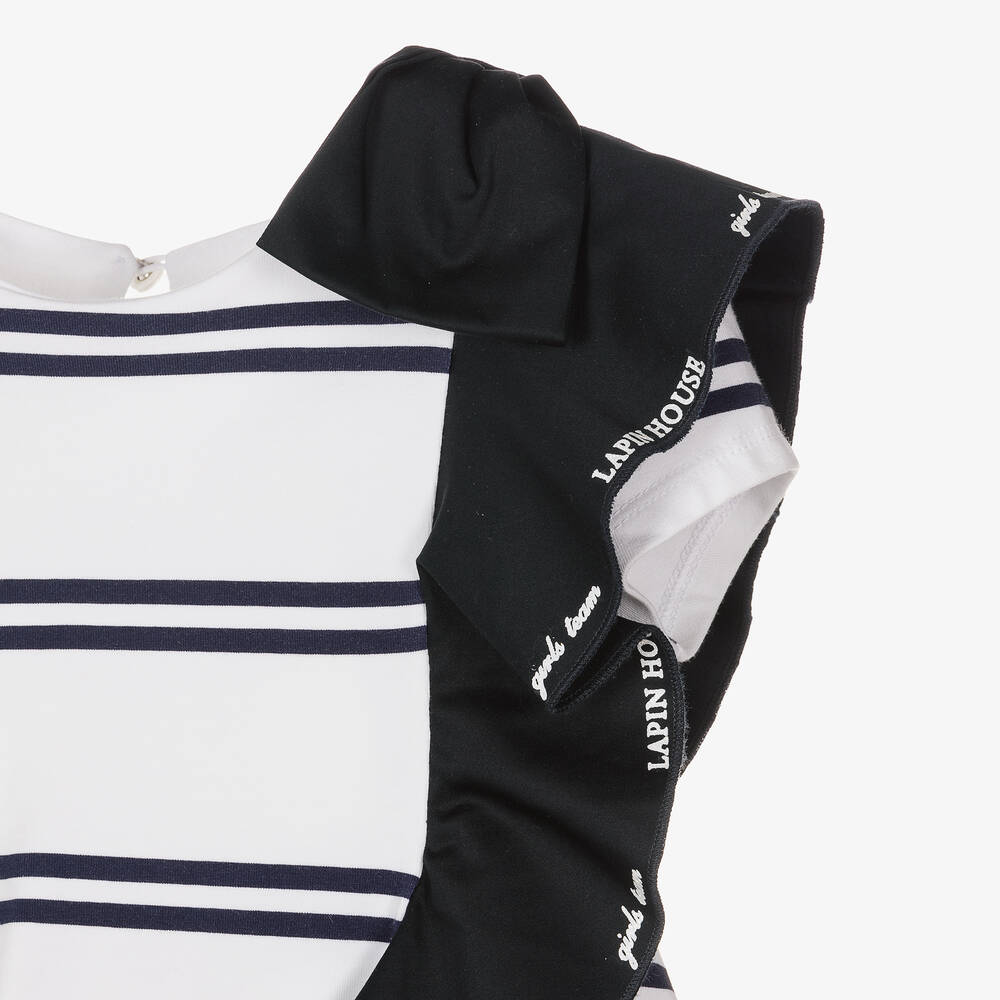 Lapin House-فستان قطن جيرسي مقلم لون أبيض وكحلي | Childrensalon Outlet