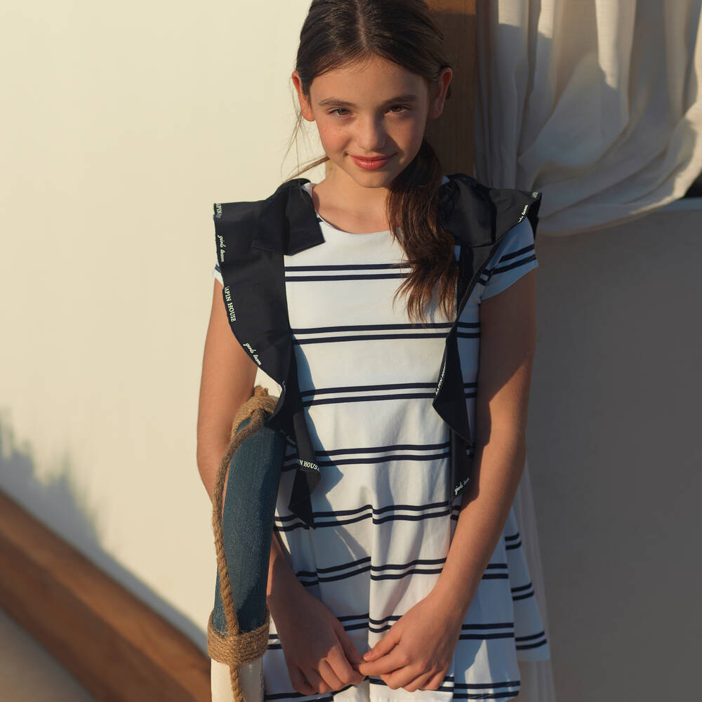 Lapin House-فستان قطن جيرسي مقلم لون أبيض وكحلي | Childrensalon Outlet