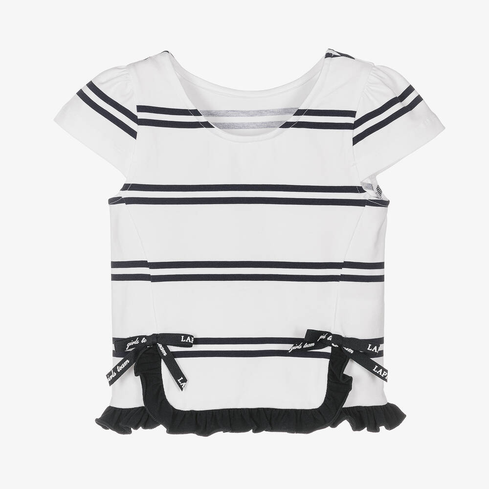 Lapin House - Girls White & Blue Stripe Cotton T-Shirt | Childrensalon