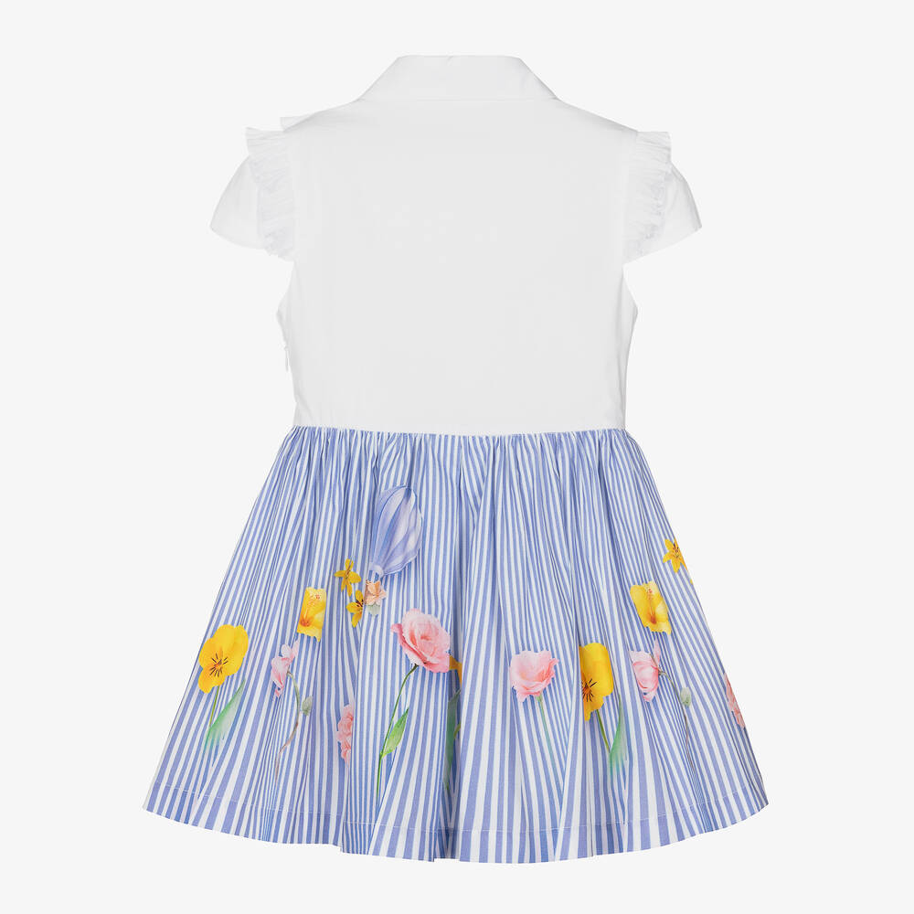 Lapin House-فستان مزيج قطن مقلم لون أبيض وأزرق | Childrensalon Outlet