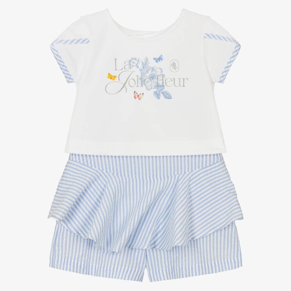Lapin House-Girls White & Blue Striped Cotton Shorts Set | Childrensalon Outlet