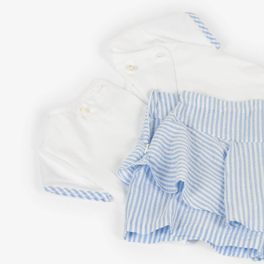 Lapin House-Girls White & Blue Striped Cotton Shorts Set | Childrensalon Outlet