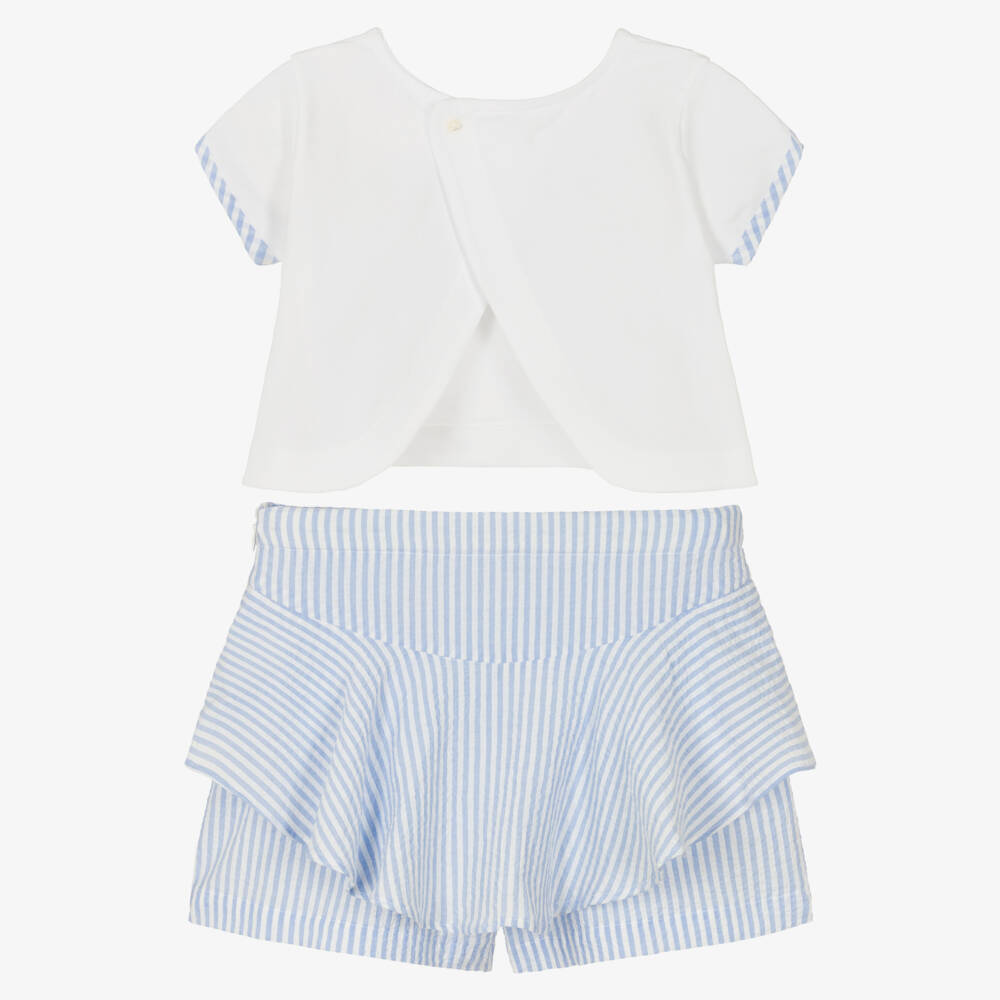 Lapin House-Girls White & Blue Striped Cotton Shorts Set | Childrensalon Outlet