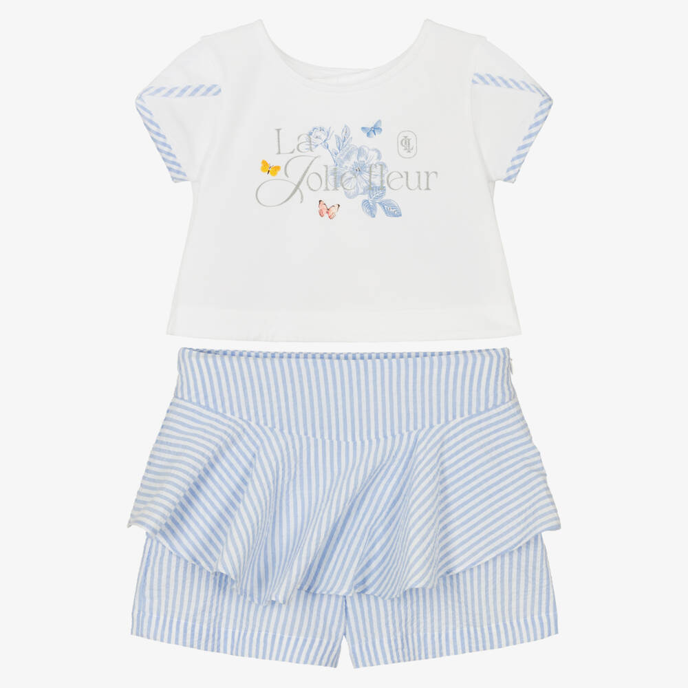 Lapin House-Girls White & Blue Striped Cotton Shorts Set | Childrensalon Outlet