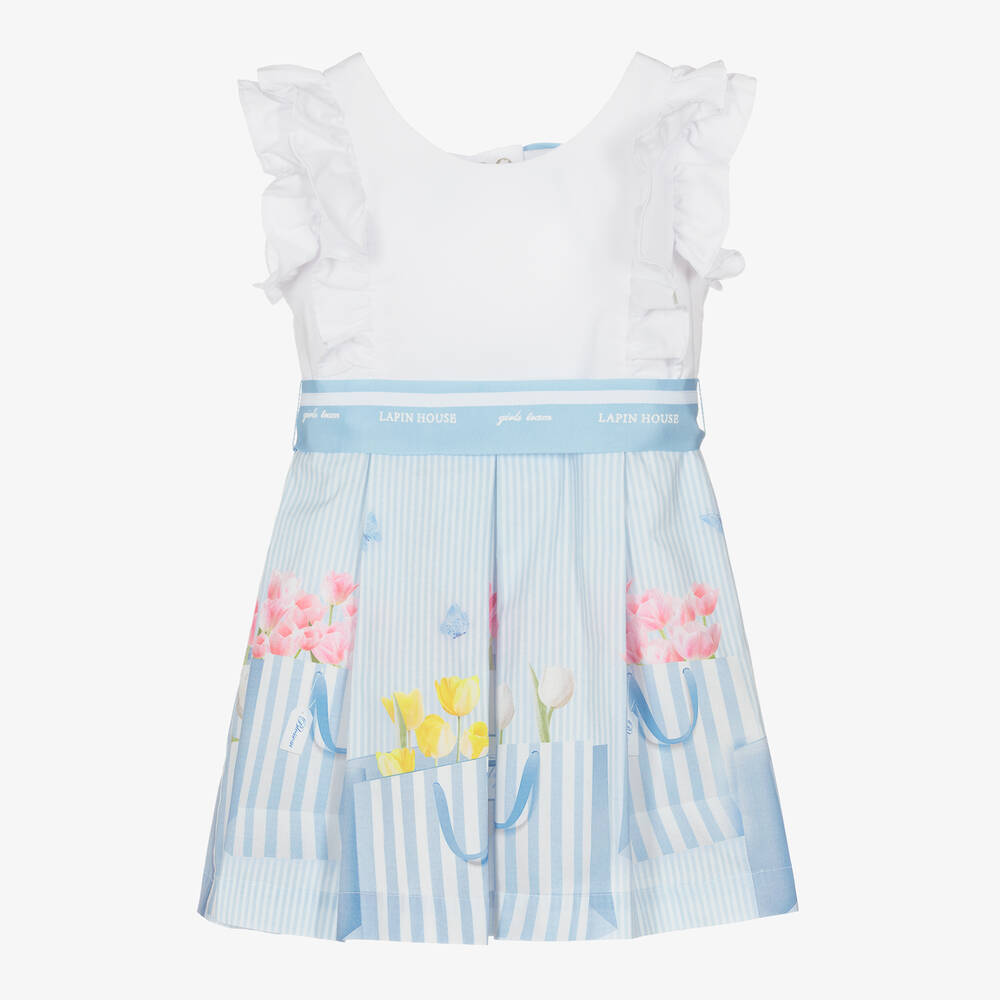 Lapin House - Бело-голубое платье в полоску с цветами | Childrensalon