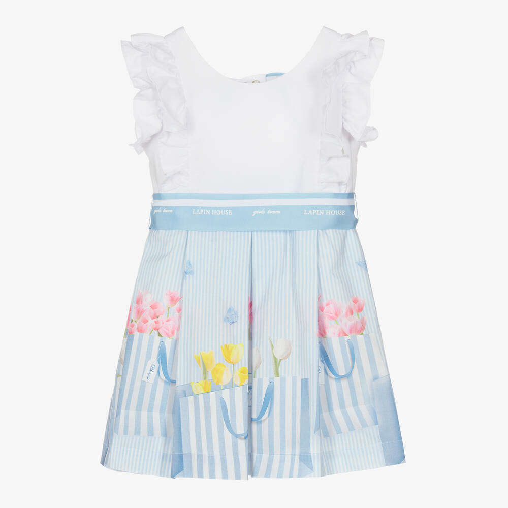 Lapin House-فستان قطن مقلم لون أبيض وأزرق بطبعة ورود | Childrensalon Outlet