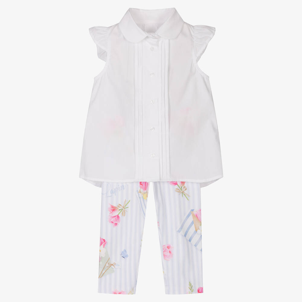 Lapin House-طقم ليغنغز قطن لون أبيض وأزرق للبنات | Childrensalon Outlet