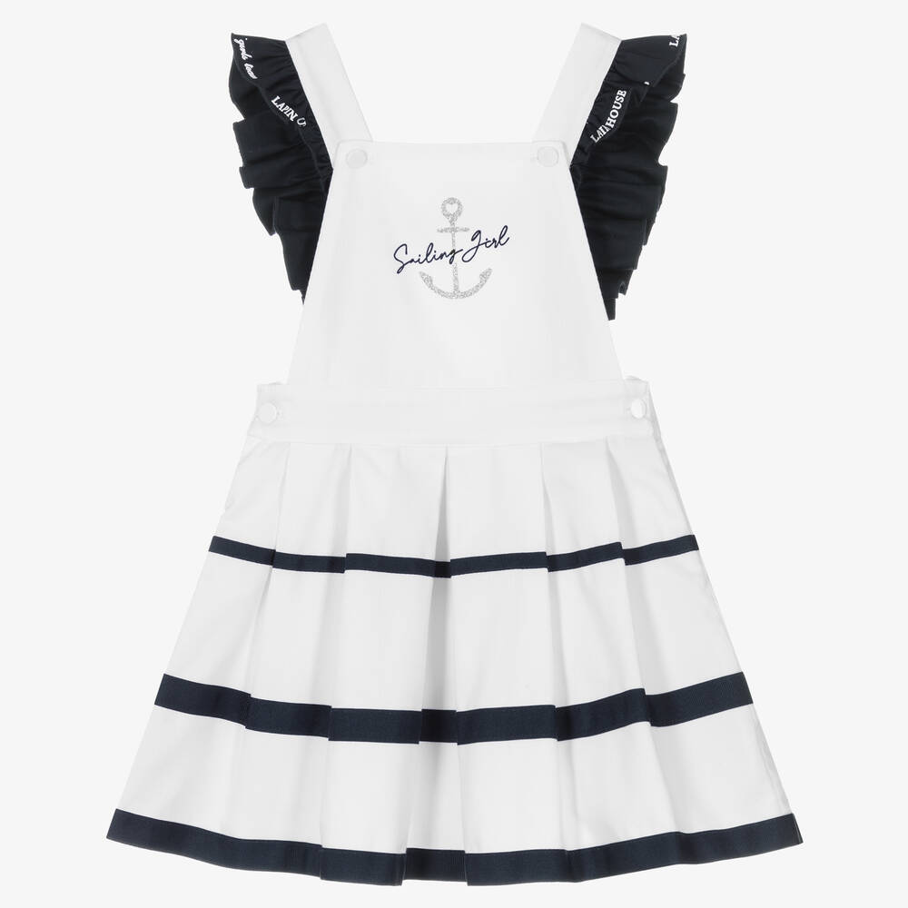 Lapin House - Girls White & Blue Striped Pinafore Dress | Childrensalon