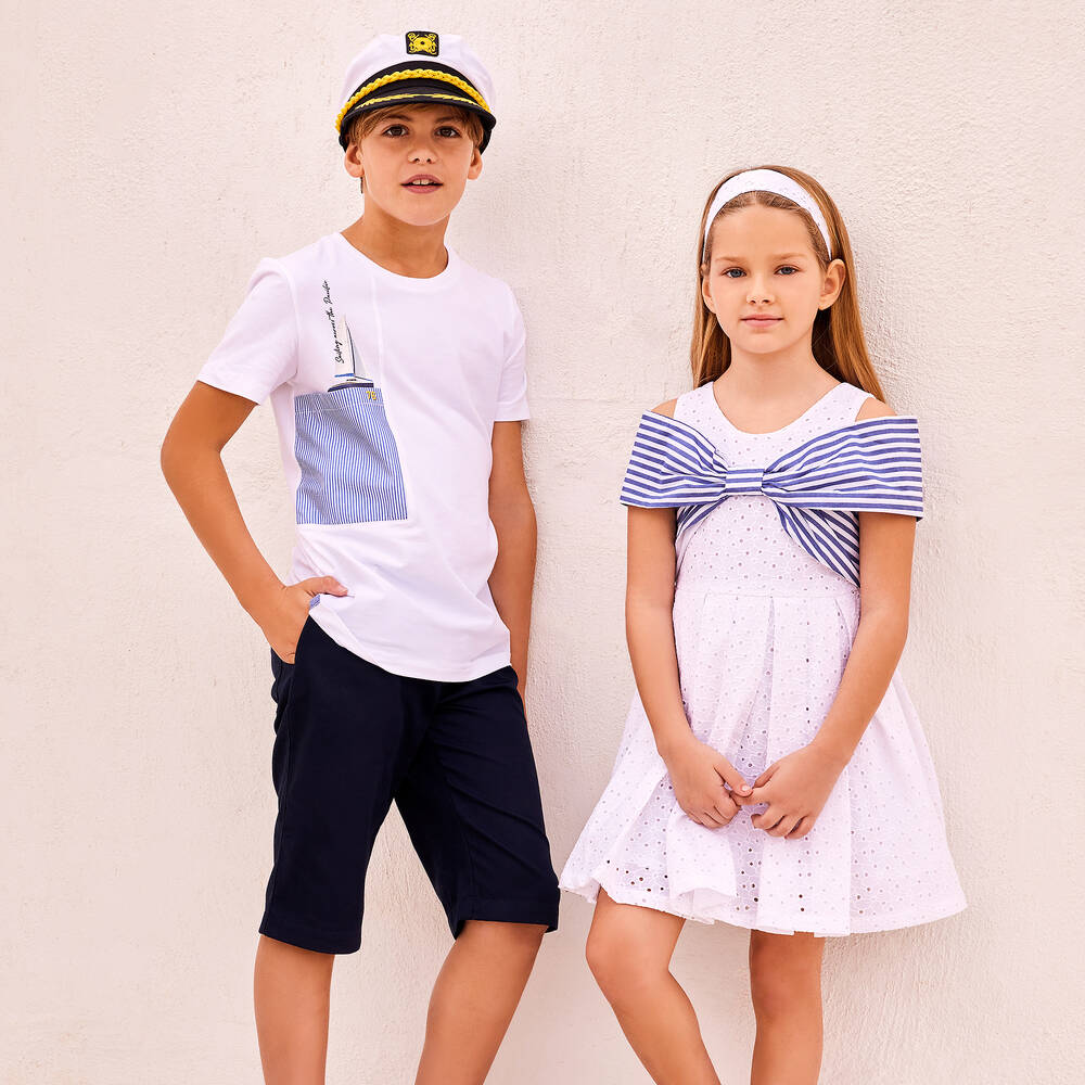 Lapin House-فستان قطن برودوري لون أبيض مزين بفيونكة | Childrensalon Outlet